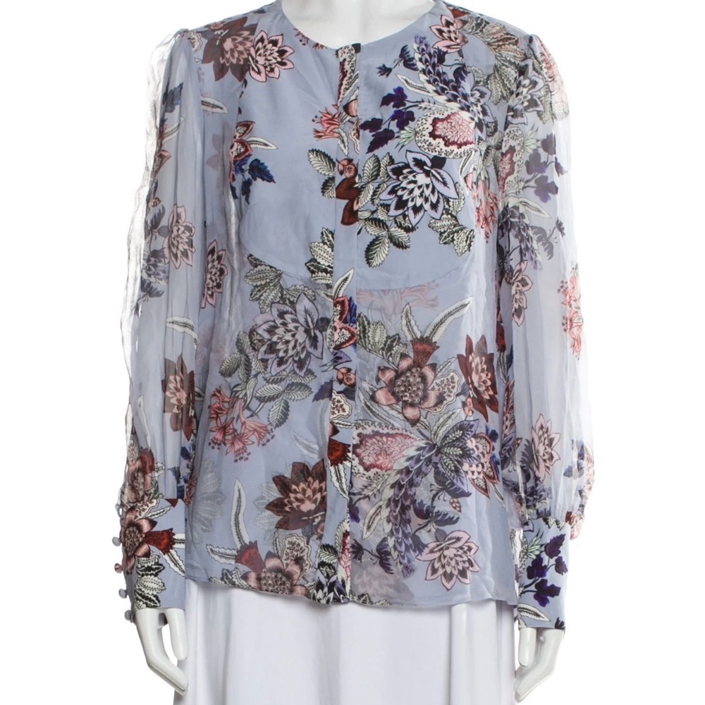 ERDEM Botanical Print Light Blue Silk Blouse size XL / 14